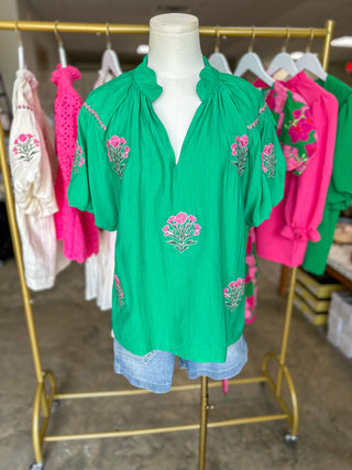 Kelly Green Cottage Bloom Embroidered Bubble Sleeve Blouse