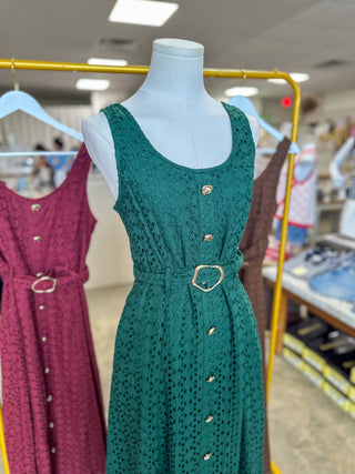 Hunter Green Charlotte Eyelet Belted Maxi Dress