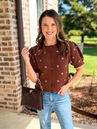 Cocoa & Baby Blue Polka Dot Scalloped Trim Sweater