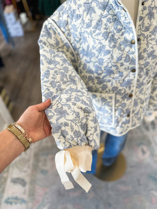 Blue Tied Into Spring Floral Print Quilted Jacket