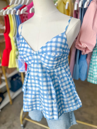 Sky Blue Summer Gingham Peplum Tank Top