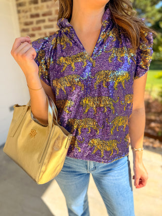 Game Day Sparkle Tiger Sequin Flutter Sleeve Tank