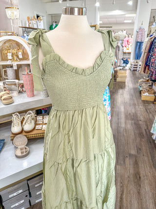 Light Sage Serenade Sweetheart Neck Tie Strap Smocked Tiered Maxi Dress