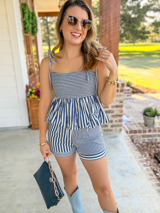 Navy Boardwalk Beauty Peplum Shorts Set