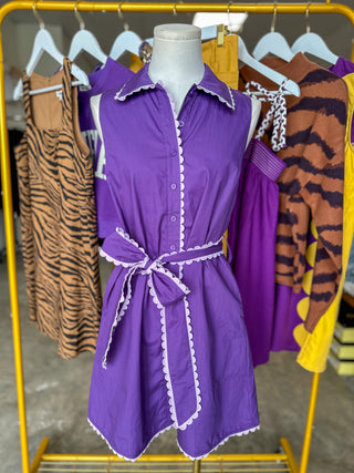 Purple Petal Scallop Belted Mini Dress