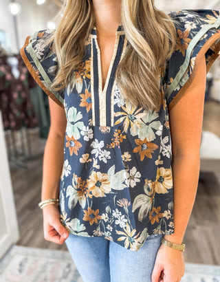 Charcoal Wildflower Waltz Flutter Sleeve Top