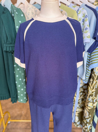 Mia Navy/Cream Cloudy Knit Rounded S/S Top & Pants Set
