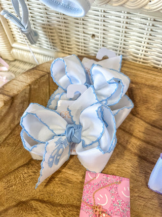 White W/ Blue Trim Ballet Shoes Bow