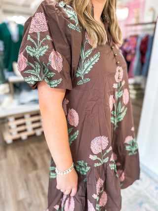 Brown Amber Bloom Garden Mini Dress