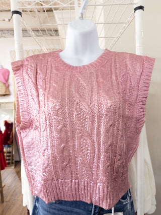 Pink Shimmer Season Sleeveless Cable Knit Cropped Sweater