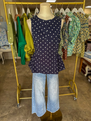 Navy Prescott Polka Dot Peplum Top