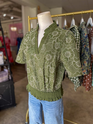 Olive Better To Be Embroidered Smocked Detail Top