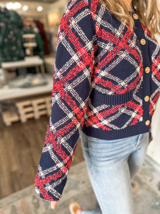 Navy Tartan Holiday Button Down Cardigan