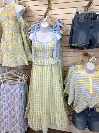 Honeydew & Blue Sweetheart Gingham Corset Midi Dress