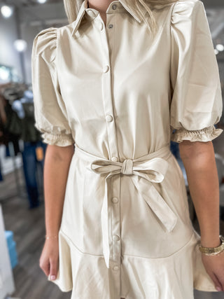 Ivory Classic Charm Faux Leather Belted Mini Dress