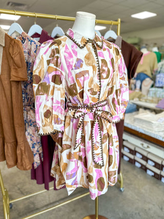 Cream & Orchid Watercolor Wander Belted Mini Dress