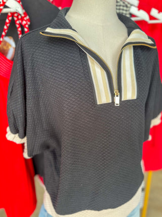 Black & Cream Clubhouse Quarter Zip Mock Neck Top