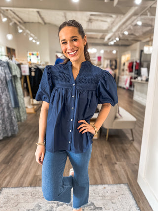 Navy Petal Pleats Pintuck Detail Blouse