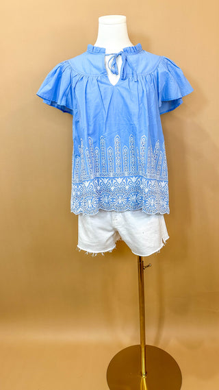 Light Blue Embroidery Scalloped Edges Blouse