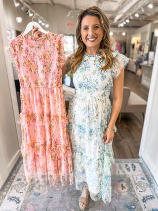 Blue Rosewood Ruffle Floral Tulle Fabric Smocked Tiered Maxi Dress