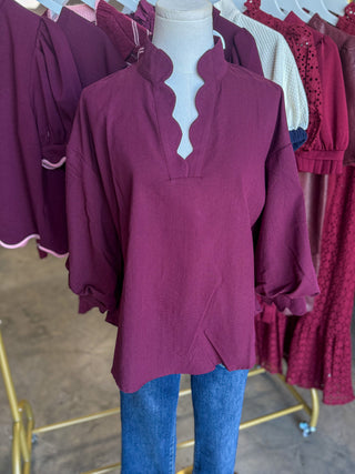 Plum Green Autumn Elegance Scallop Trim Top