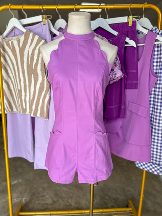 Purple Game On Scalloped Halter Neck Romper