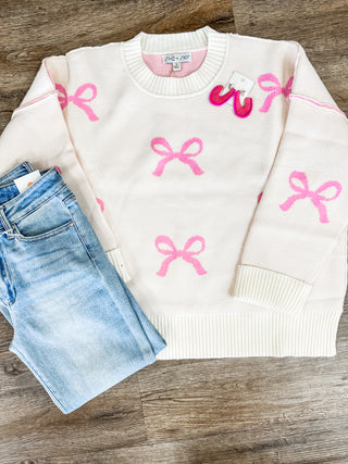 Girly Touch Pink Bows Long Sleeve Sweater Top