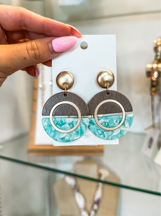 Aqua Acrylic & Wooden Half Moon Earrings