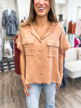 Cappuccino Gauze Button Down Folded Sleeve Top