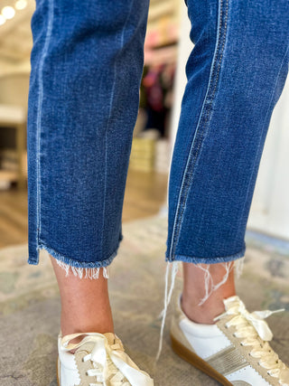 Bella Dark Wash High Rise Raw Step Hem Kick Flare Jeans