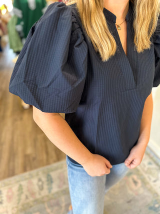 Navy Parker Puff Sleeve Textured Top