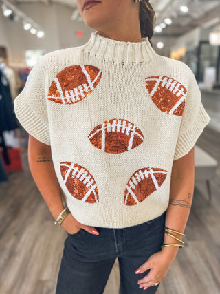 Oatmeal Sequin Football Sequin Patch Sleeveless Sweater