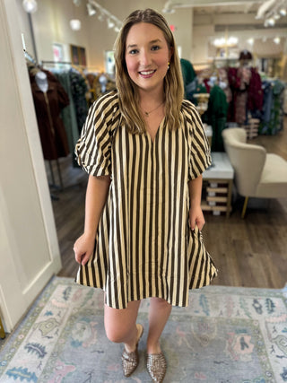 Cream Stripes Are So Back Puff Sleeve Shift Dress