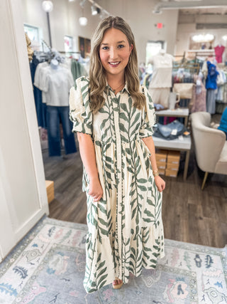 Olive Green Forget-Me-Not Botanical Midi Dress