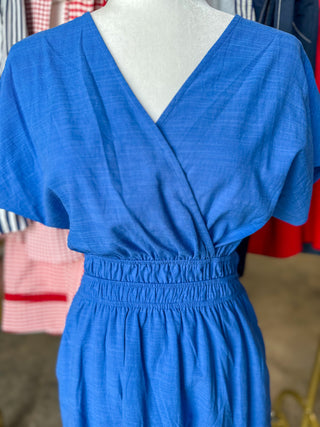 Ocean Blue Soft Structure Smocked V-Neck Mini Dress