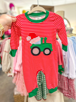 Red Santa Truck Applique Stripe Boys Romper