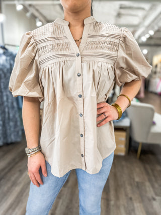 Taupe Petal Pleats Pintuck Detail Blouse