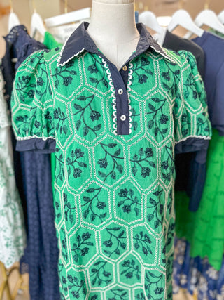 Minty Green Honeycomb Embroidered Contrast Collar Dress