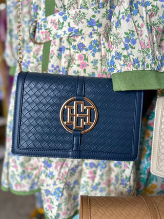 Woven Navy Cecillia Circle Logo Handbag | Caroline Hill