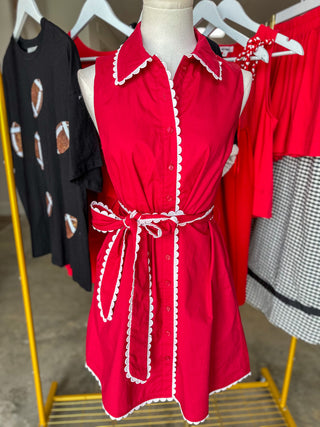Red Petal Scallop Belted Mini Dress