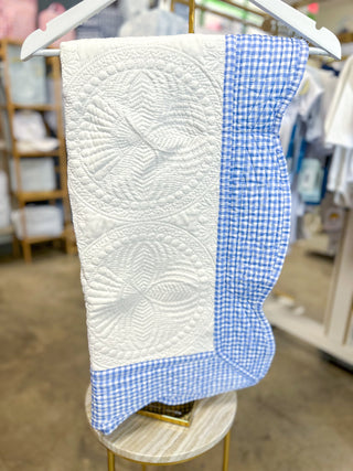 White W/ Blue Check Trim Baby Quilt