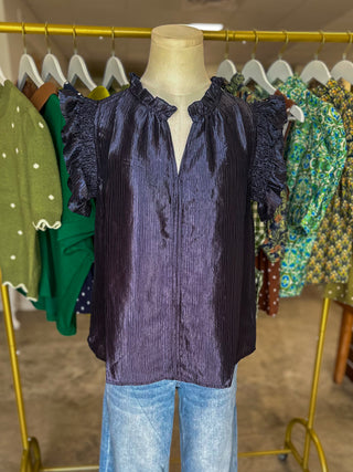 Navy Metallic Woven Flutter Sleeve Top