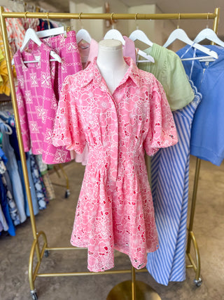 Coral Pink Cutout Floral Eyelet Puff Sleeve Mini Dress