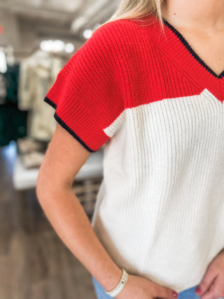 Red/Black Contrast Color V-Neck Short Sleeve Sweater