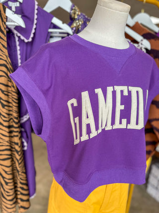 Purple & White Gameday Boxy Cropped Terry Top