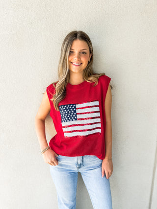 Red Born In The USA Sequin Flag Sleeveless Knit Top