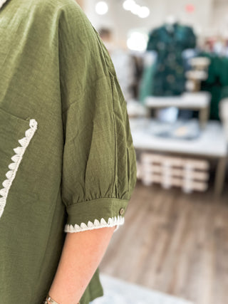 Olive Weekend Charm Scallop Trim Top