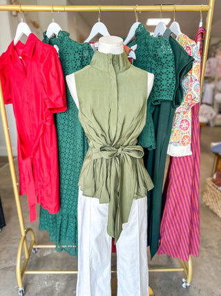Olive Tailored to Simplicity Tie Waist Sleeveless Top