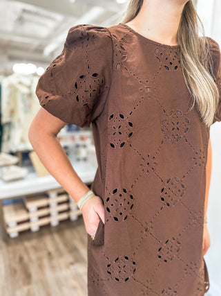 Brown Sweet Magnolia Eyelet Mini Dress