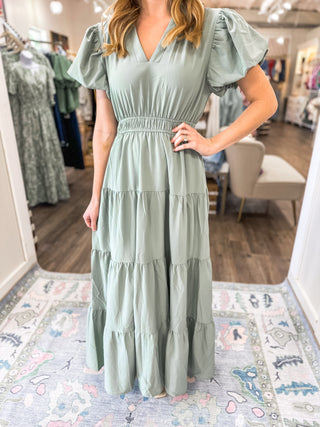 Sage Puff Sleeve V-Neck Maxi Dress